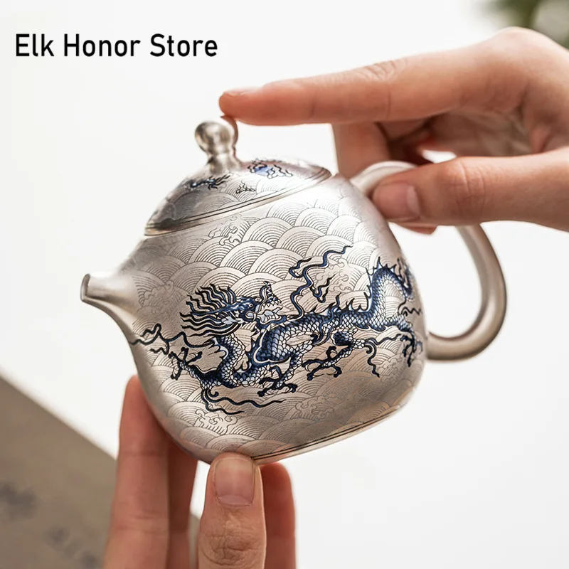 150ml High End Gilded Silver Teapot Japanese Blue White Dragon Egg Pot Tea Making Kettle with Ball Hole Cha Accessories Gift