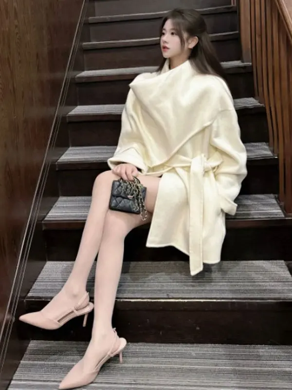 

Двустороннее шерстяное пальто Ele: Изящное, с пуговицами, защита от пятен, классический крой, верхняя одежда