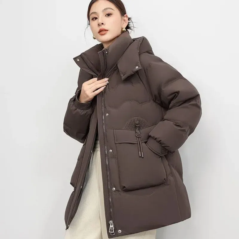 

New High-end Womens Down Cotton Coat 2025 Winter Thicken Warm Quilted Jacket Female Detachable Hooded Parker Overcoat Big Pocket