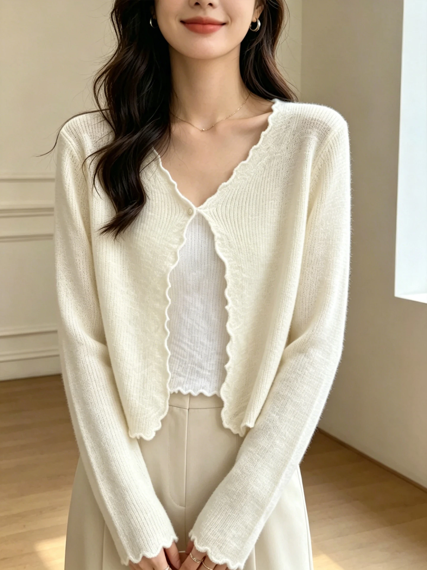 

Korean Style Gentle Knitted Cardigan Women's Slim Fit Thin V-Neck Summer Sun Protection Cover up Floral Pattern Long Sleeve