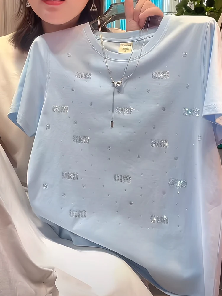 

European Style Heavy Industry Hot Diamond Letter Short sleeved T-shirt Women's Summer 2025 New O-Neck Commuter Cotton Top