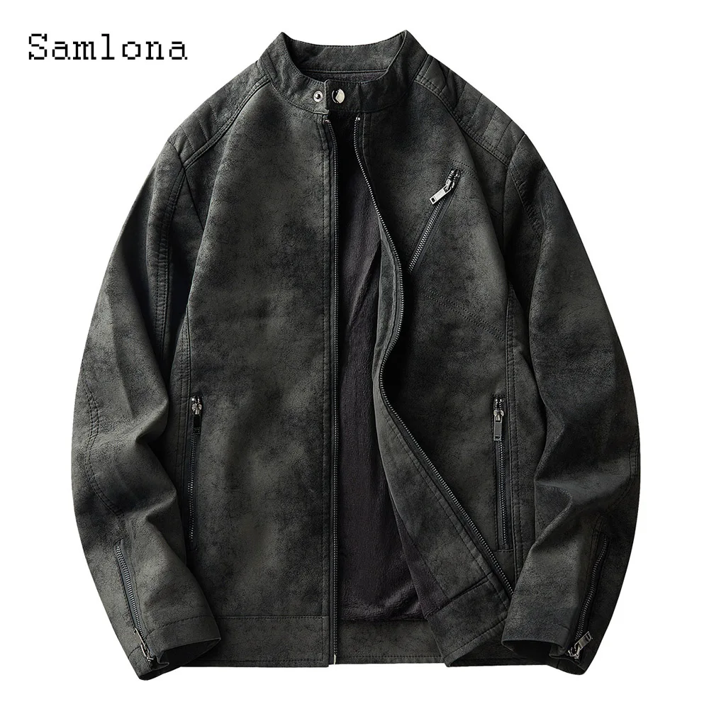 2024 Autumn Fashion Suede Leather Jackets Mandarin Collar Zip Up Coats Motocycle Jacket Plus size Mens Basic Tops Outerwear New