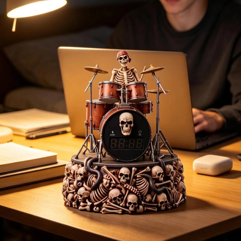 Skull Skeleton Alarm Clock with Drum Beat Speaker, Dimmable Display, Gothic Bedside Ornament, Halloween Home Decor Gift