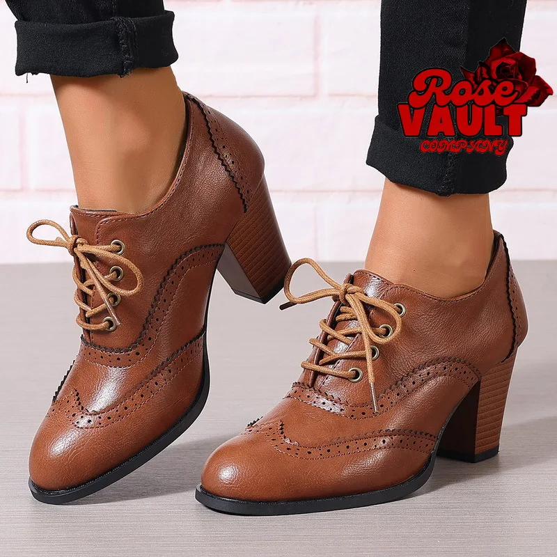 

Women Round Toe High Thick Heel Shoes Office Work Single Shoes British Style Brogue Shoes for Nightclub Party Banquet Catwalk