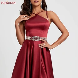 TOPQUEEN Bridal Belt Sash Wedding Dress Accessories Wine Red Rimestone With Gold Belt Ribbon Party Bridesmaid Gift S161B-G-Red