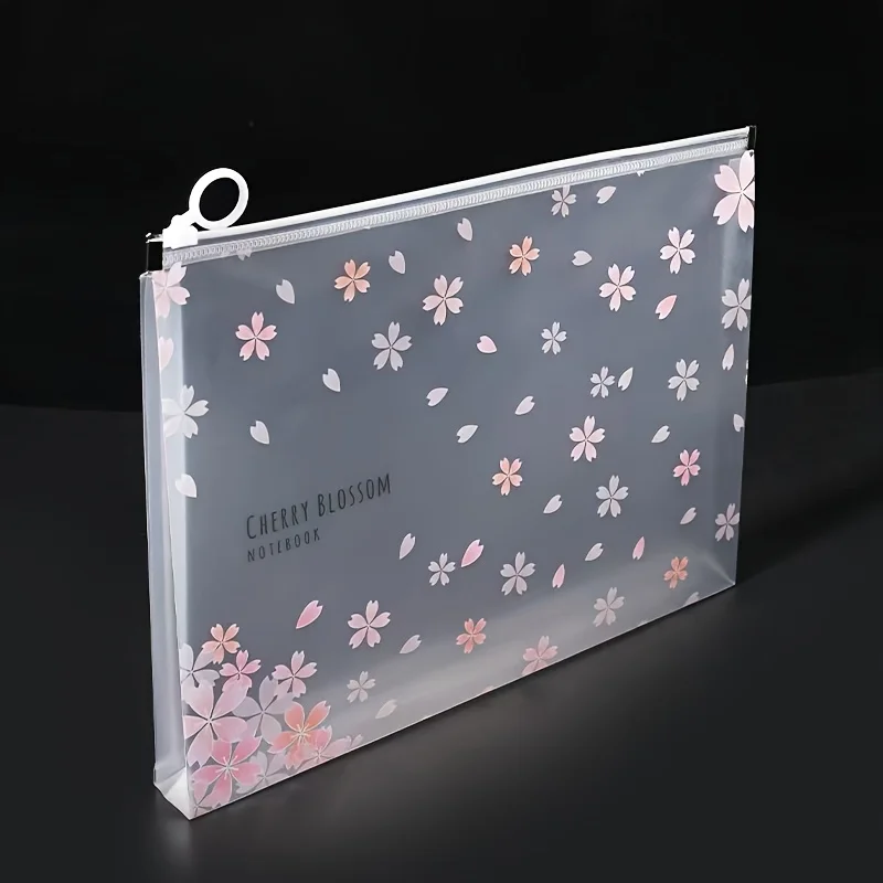 4 A4 Waterproof Cherry Blossom File Storage Zipper Bags, Used for Organizing Learning and Office Supplies, Family Travel Storage