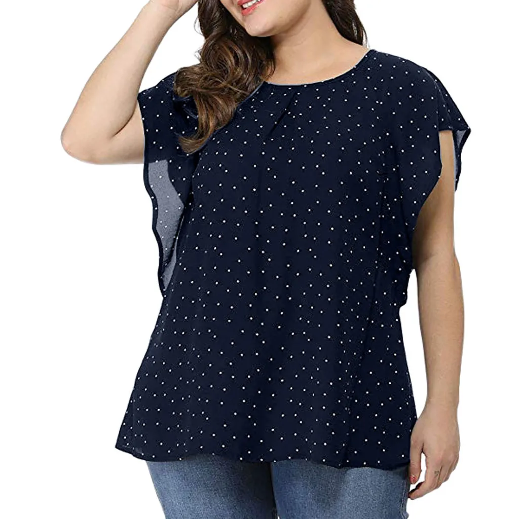 Women\'s Summer Plus Size Ruffle Sleeve Shirt Top Polka Dot Chiffon Blouse