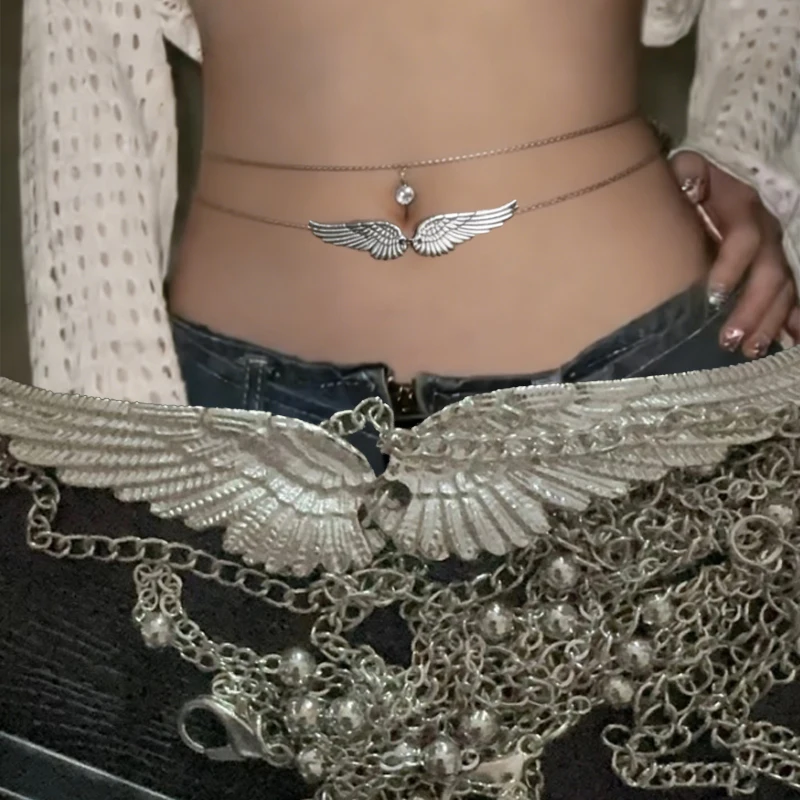 Double Layer Wings Angel Waist Chain for Women Sexy Beaded Charm Belly Body Chains Bikini Summer Beach Accessory Jewelry Gifts
