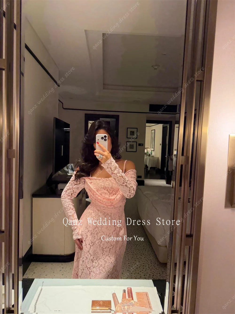 Qanz eleganti abiti da sera in pizzo senza spalline maniche lunghe Dubai Robes De Soirée abiti da cerimonia a sirena donna personalizzata