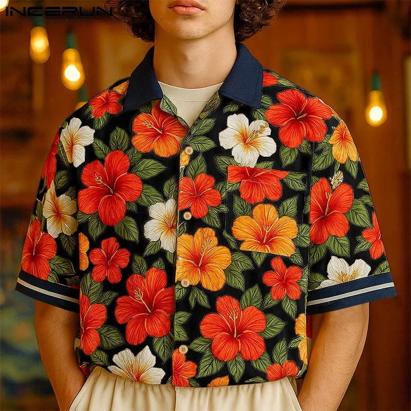 

2025 men's fashion shirts, floral printed tops, short sleeved Cuban collar shirts, men's streetwear, men's shirts,