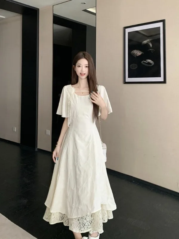 

plus Size Women's Gentle Style Square Collar Dress Summer Slimming Floral Embellished A-Line Midi Skirt Korean Commute Style