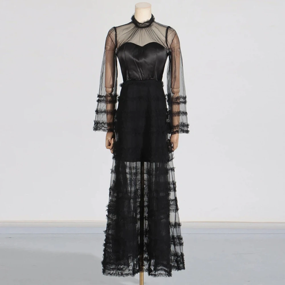 Estilo elegante renda transparente vestido em torno do pescoço nova saia de bolo moda manga longa cintura alta multi camada plissado emenda