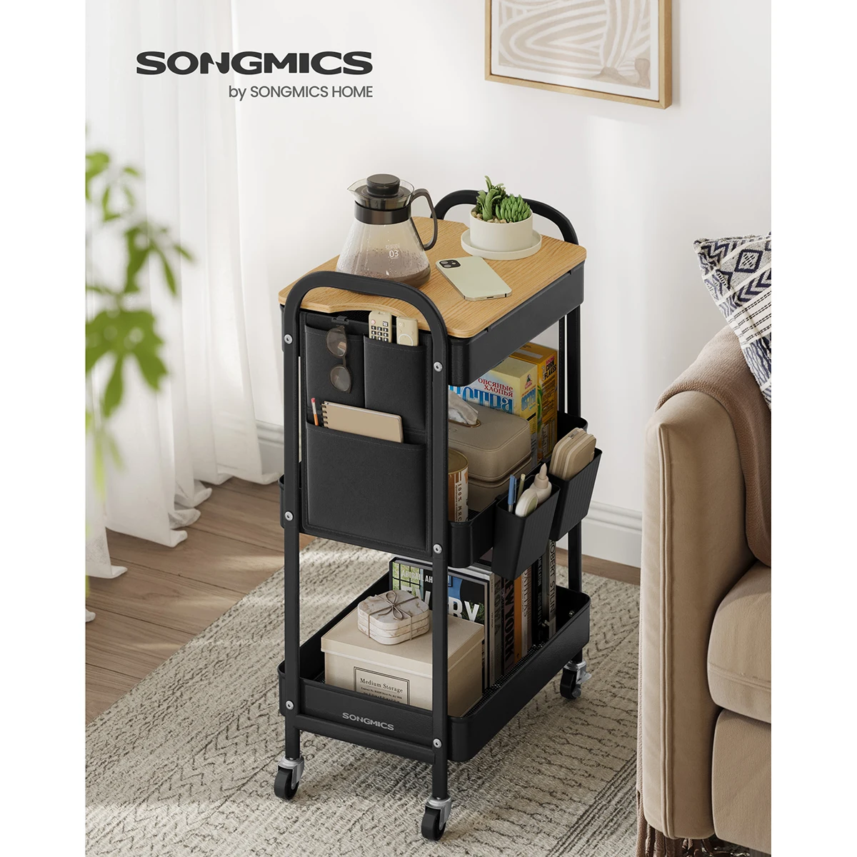 Chariot de Rangement à 3 NiLiaux, 2 Pots Aocyanes, 6 Poches Latérales, Noir