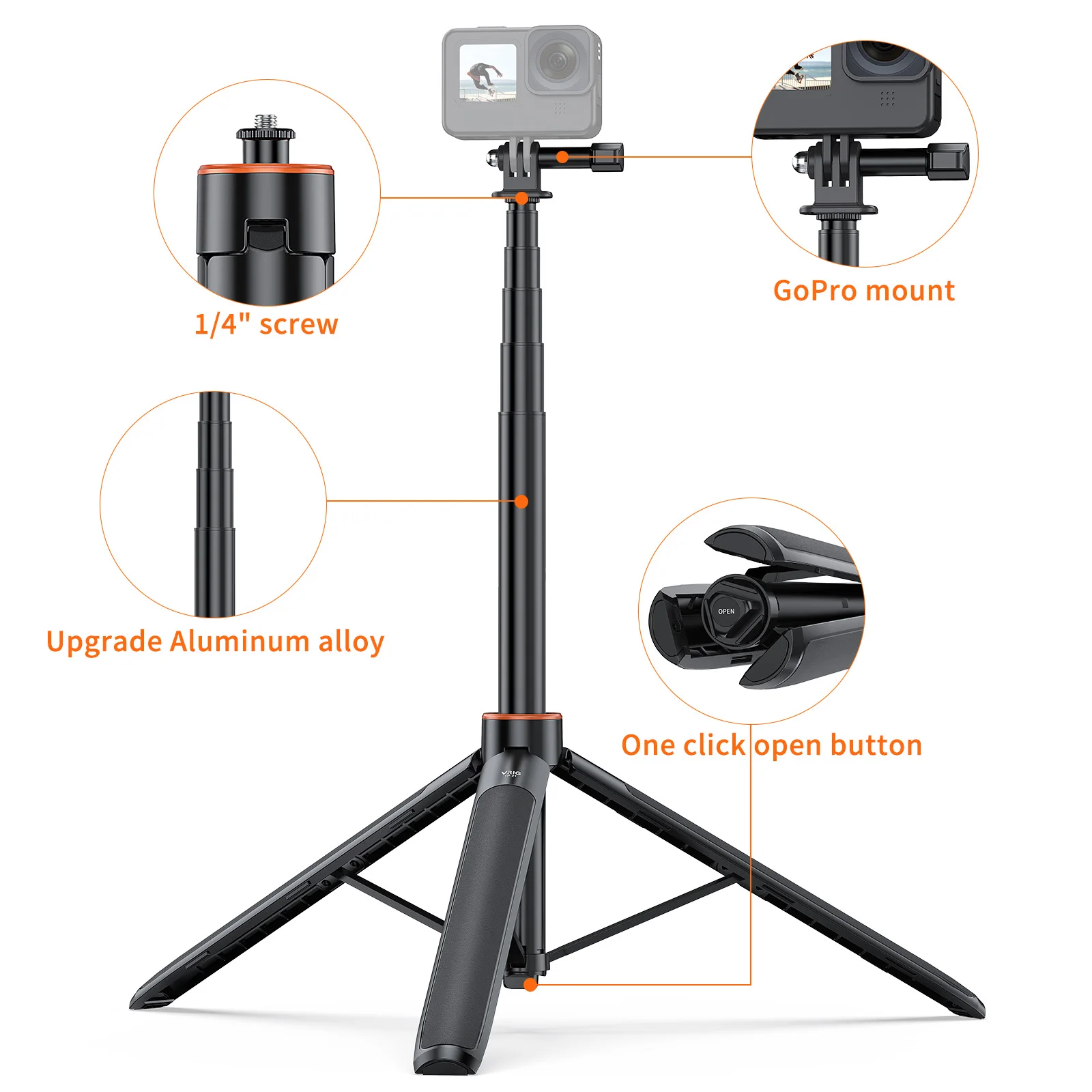 VRIG TP21 Action Camera Selfie Stick Tripod, 138cm Extendable Aluminum Monopod for GoPro Insta360 DJI Action, Vlog Accessories