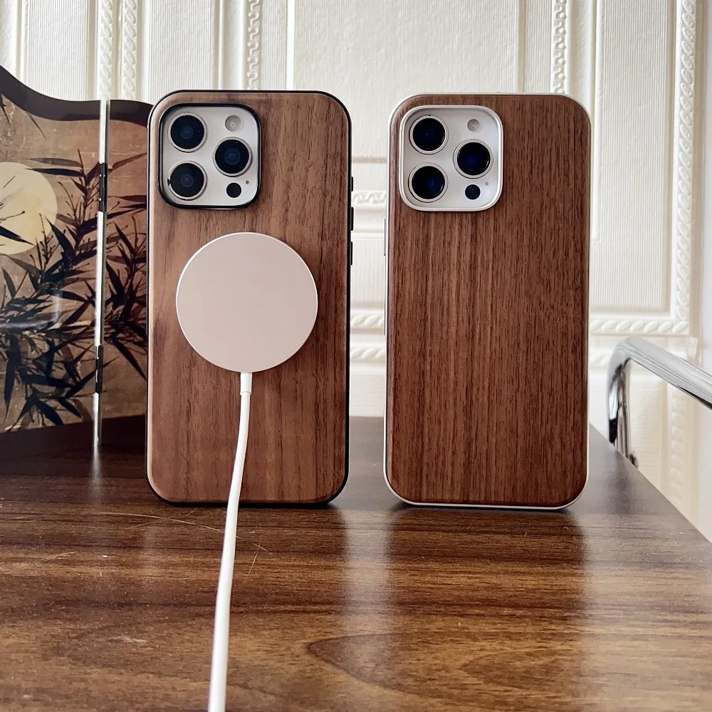 Back Walnut Wood Aluminum Alloy Phone Case for iPhone 16 15 14 13 Pro Max with Support Magnetic Charging