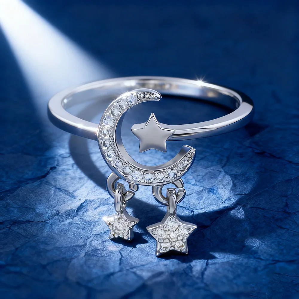 

925 Sterling Silver Star Moon Zircon Adjustable Rings For Women Gold Luxury Minimalist Jewelry Wedding Party Gift Anillos Prata