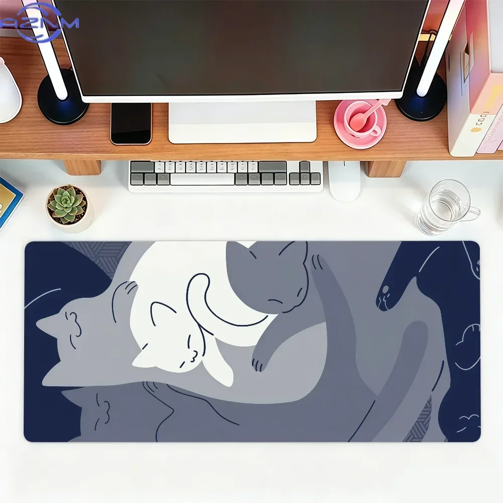 Navy Blue Abstract Sleeping Cat Line Art Extended Mousepad, Non-Slip Rubber Base Large Desk Mat, Smooth Surface for Gaming Offic 6