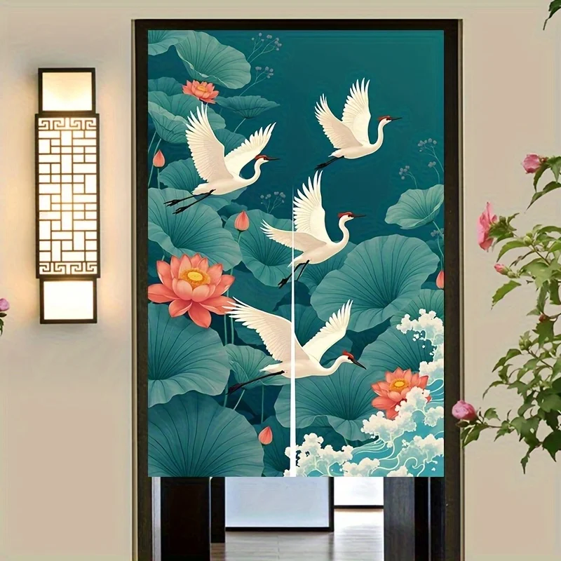japanese crane lotus art noren door curtain elegant bird design traditional nature decor linen half panel Elevate Your Space