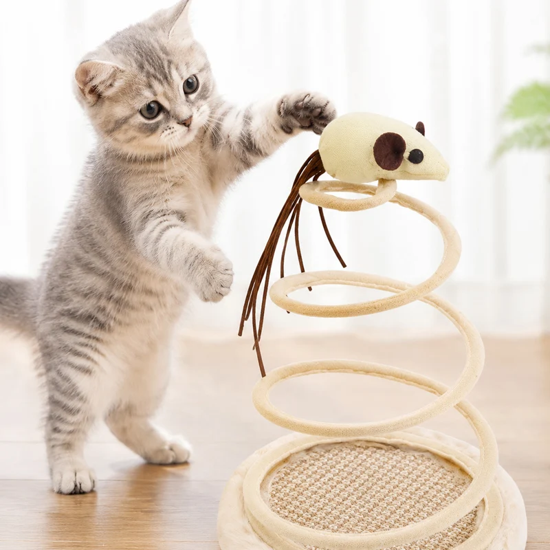 Interactive Cat Toy Spiral Spring Mouse Scratcher Pad Plush Toy Indoor Cats Training  Funny Pet Toys