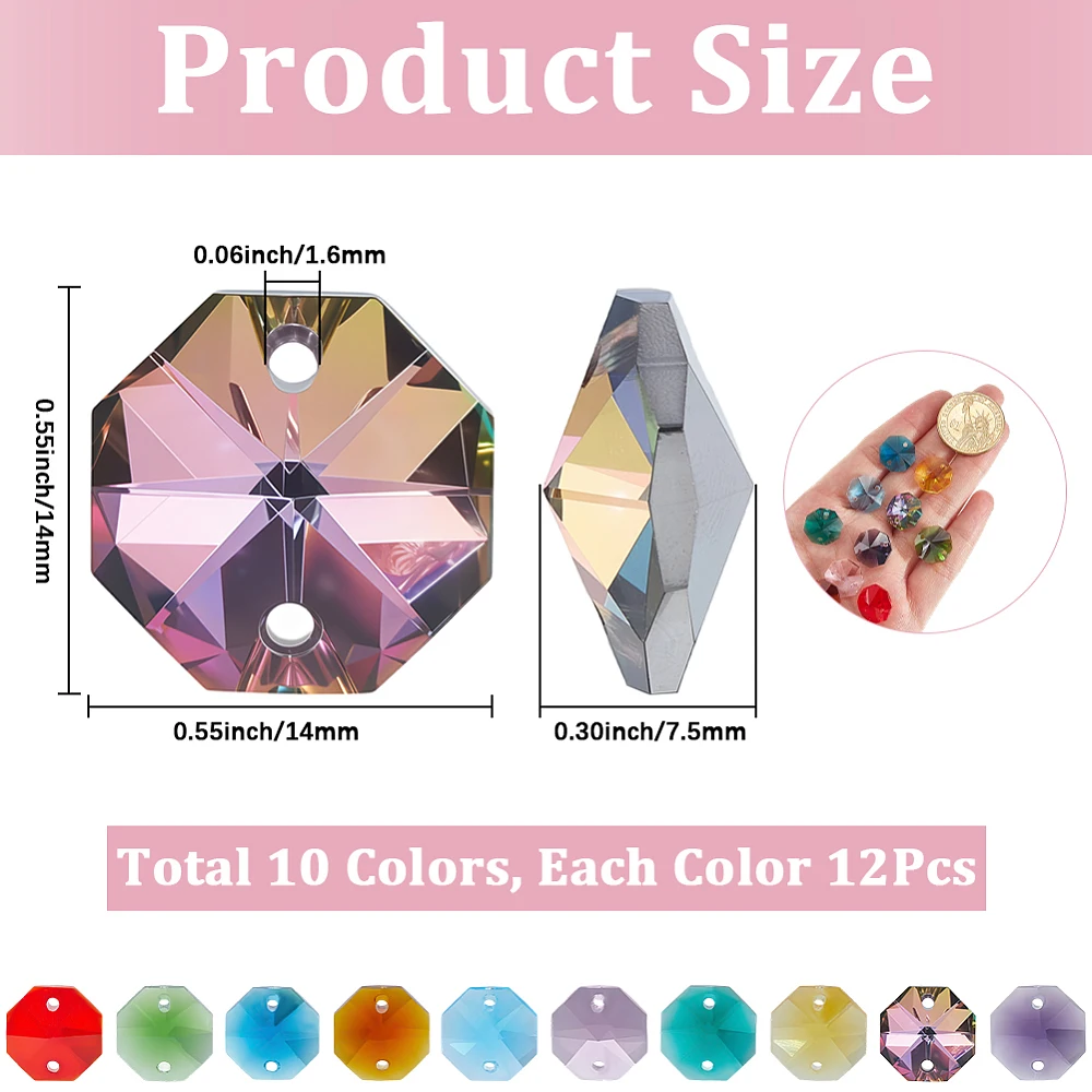 1 Box 120Pcs 10 Colors 14mm Glass Octagon Beads Colorful Suncatcher Beads Bulk 2 Hole Chandelier Replacement Connector Faceted