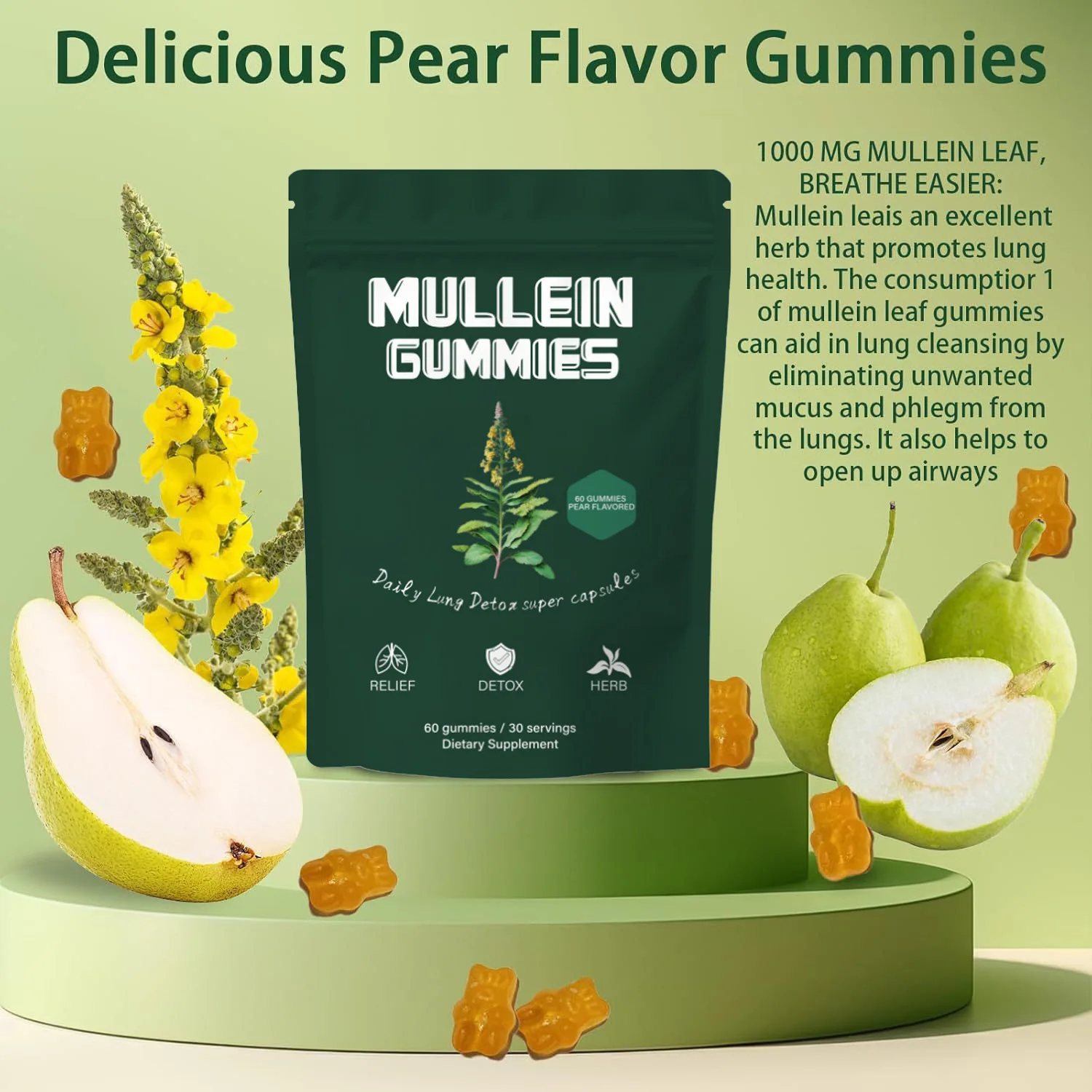 

Mullein Gummies Mullein Leaf Gummies for Lung Cleansing & Detox Herbal Dietary Supplement Enhance Breathing