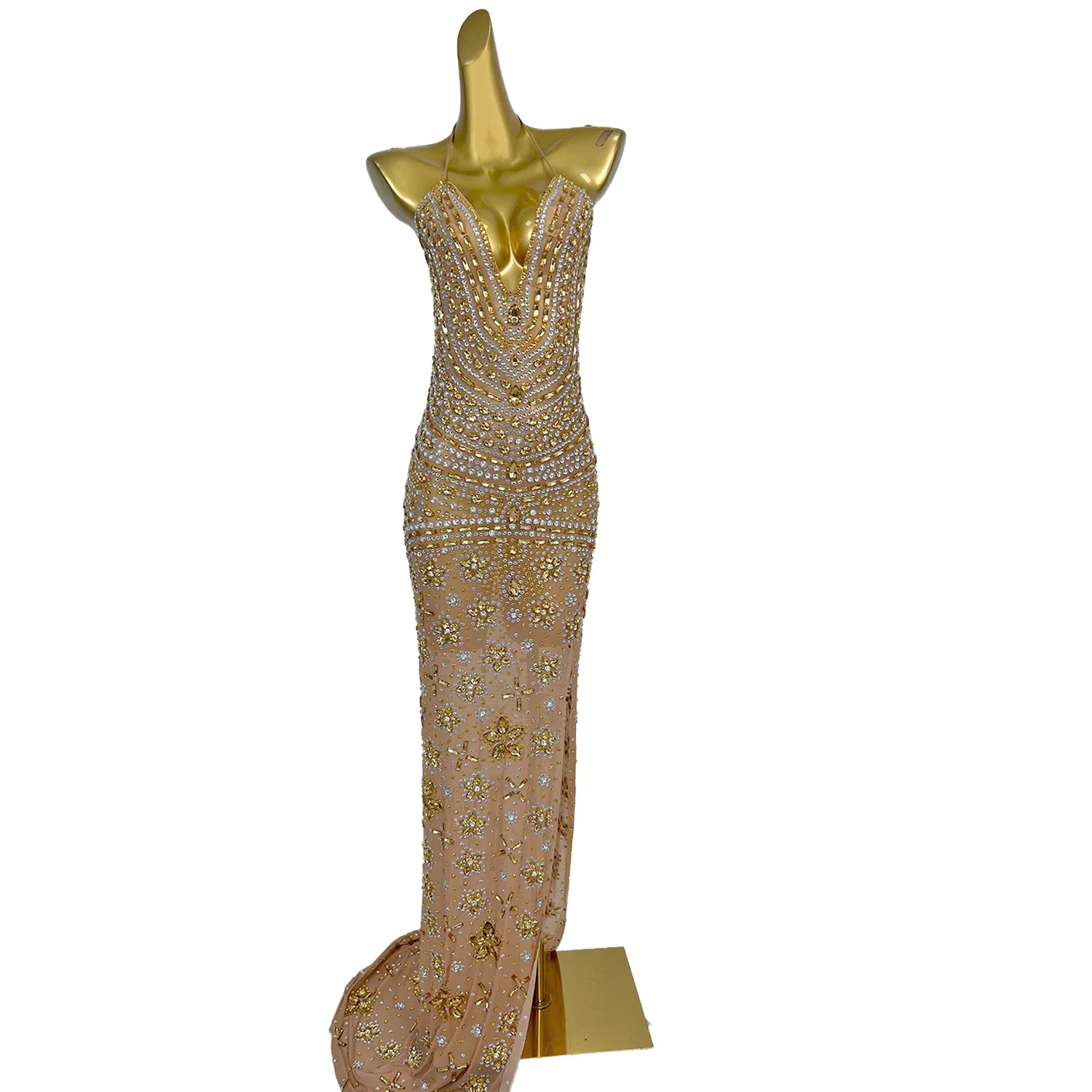 Sukienka wieczorowa z dekoltem w serek, zdobiona cyrkoniami, sukienka na konkurs piękności, strój klubowy, sukienka damska bez pleców, długa do ziemi, na imprezę, bal.