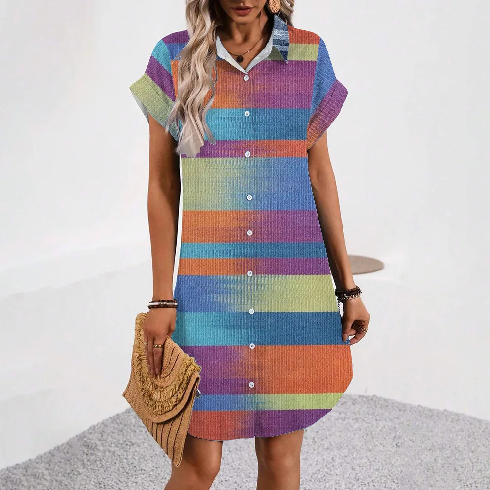 Summer3XL Plus-size Shirt Dresses Green Diagonal Stripe Print Women Dresses Casual Fashion Short-sleeved Single-breasted Dresses