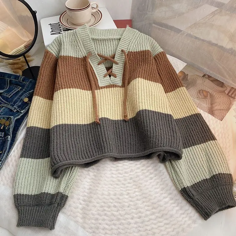 Spring Autumn Chic Stripe Bandage Short Sweater Pullover Denim Pants 1 or Two Piece Set Lady Fashion Jeans Knitted Tops Outfits image 6