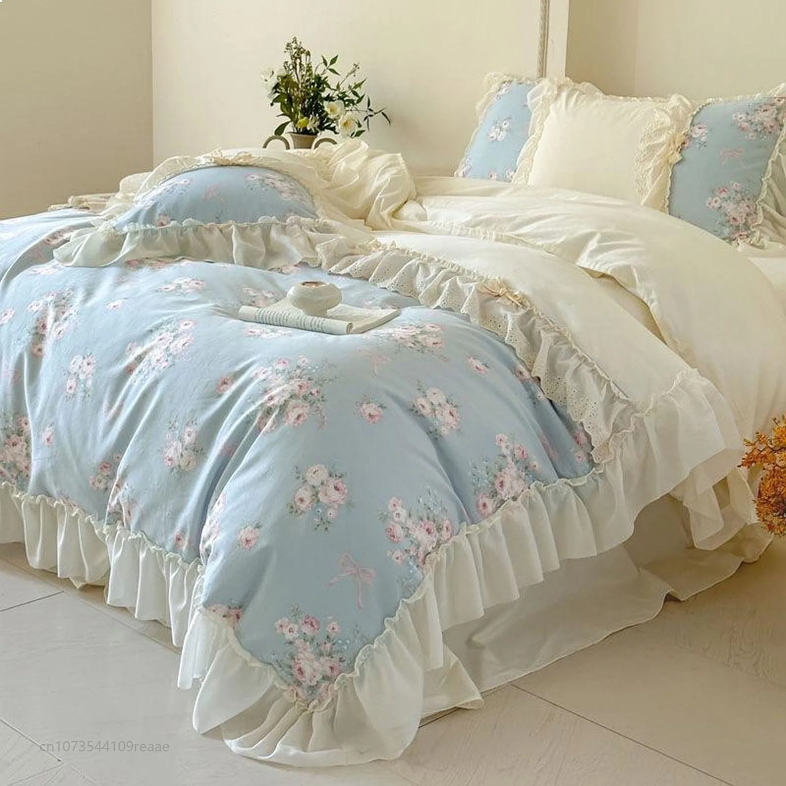 French Floral Cotton Lace Duvet Cover Only Soft Skin-Friendly Flower Print