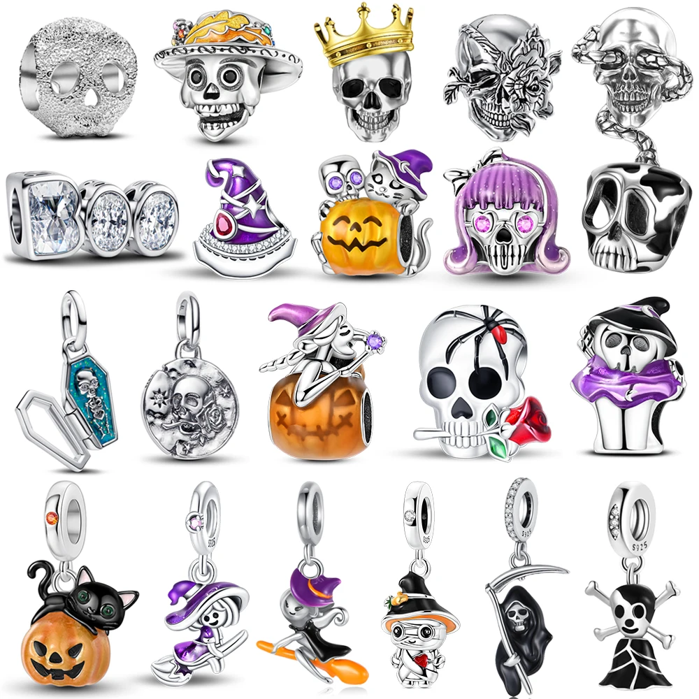 

Halloween 925 Sterling Silver Witch & Pumpkin Dangle Charm Fit Original Bracelet Mummy Skeleton Charm for Halloween Jewelry Gift