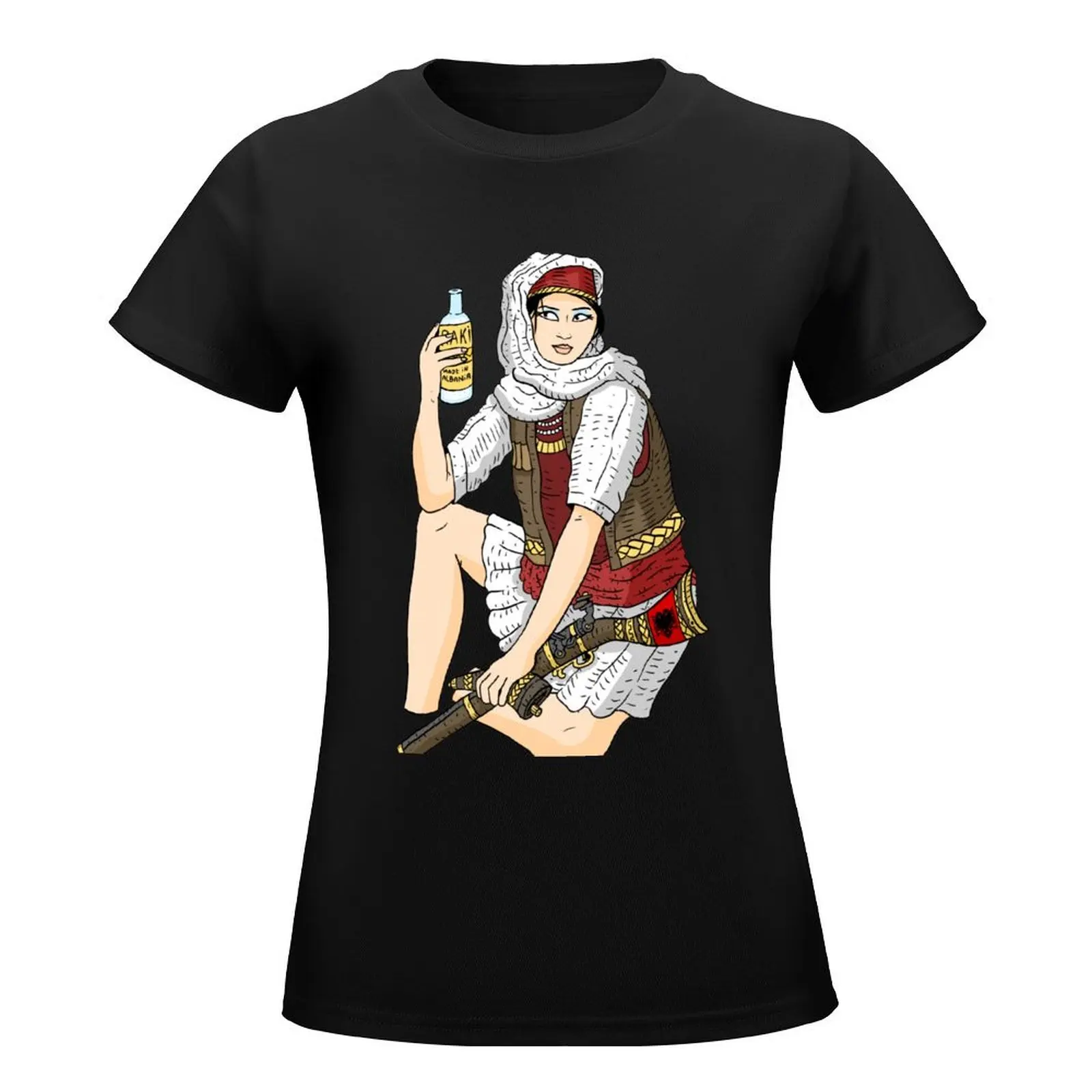 Albania. albanian pride. a warrior girl with raki. T-Shirt tops female oversized t shirts for Womens