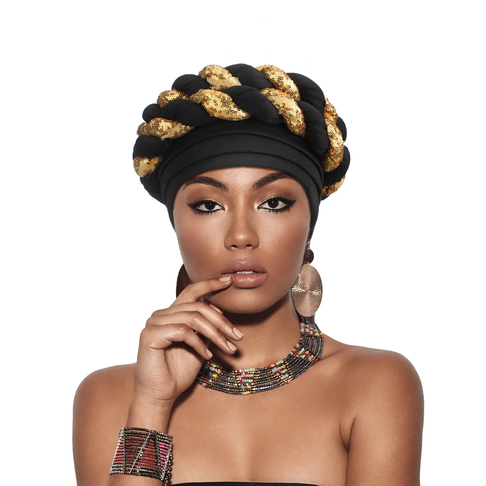 FashionArab Wrap Muslim Scarf Hijabs Turbans African Headtie Sequin Braid Hat for Women Pleated Beanie Headwrap Hair Accessories