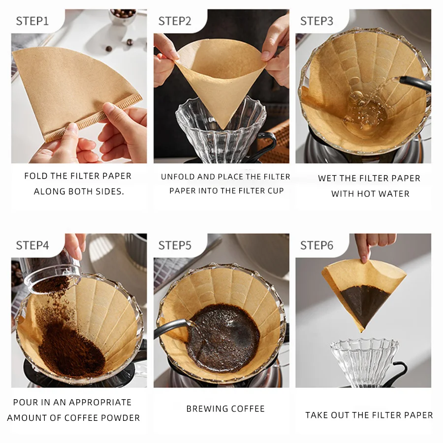 Coffee Paper Filters Dripper Accessories White/Brown 50/100 PCS V Shaped Natural Wood Pulp Cone Filter Pour Over V02/V01