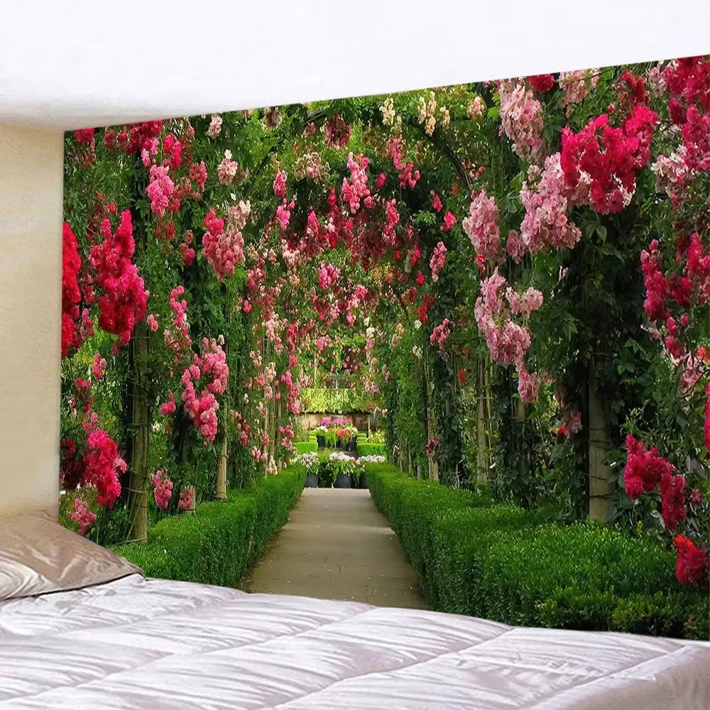 VIKAMA Garden Arch Tapestry Red And Pink Roses Climbing Vine Hedge Bedroom Bedside Living Room Back Wall Room Decoration