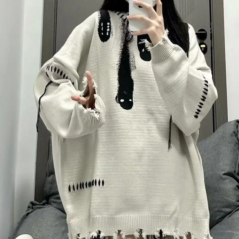 Round Neck Tassel Hole Design Sweater Hip-Hop Sweater Street Autumn And Winter Harajuku Casual Korean Pullover Top