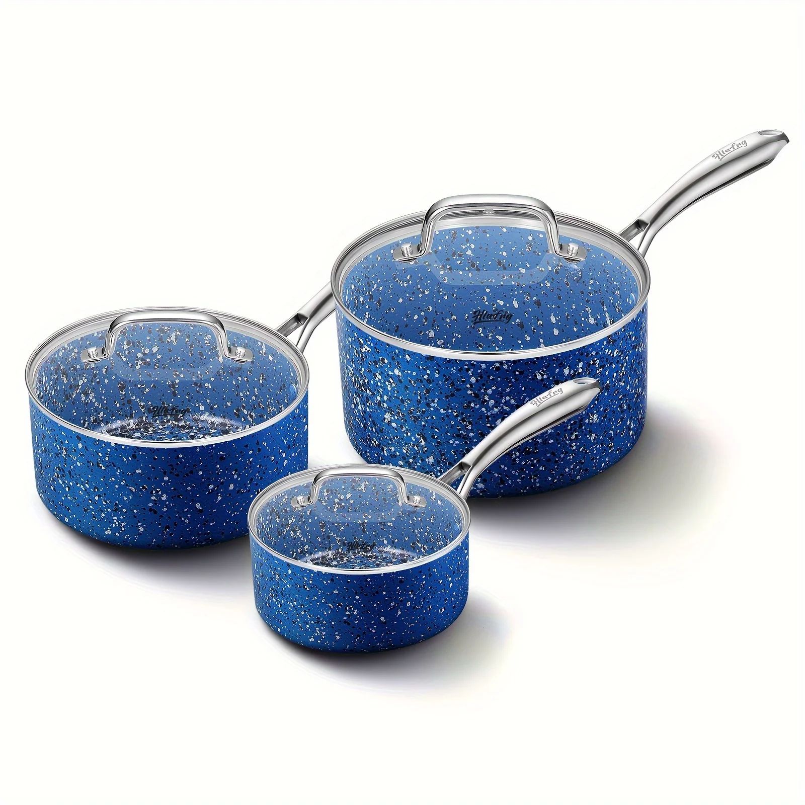 Nonstick Premium 3-Piece Saucepan Set with Glass Lids, Natural Durable Granite Coating,  Durable & Oven Safe, 1&2&3QT, Blue