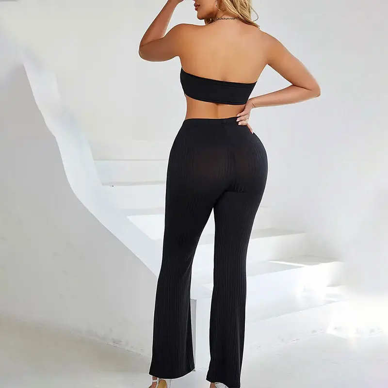 Summer Clothes Two Piece Set Women Outfit 2024 Tube Top Casual Tracksuit Basic Slim Skinny Flared Leggings Trousers 2Pcs Set