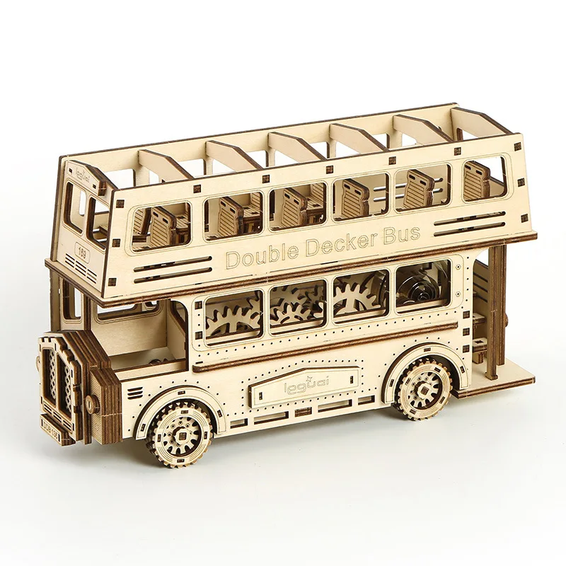 

3D Wooden Puzzles Double Decker Bus Model Wood Building Block Kits DIY Assembly Jigsaw Toy for Kids Adults Collection Gift