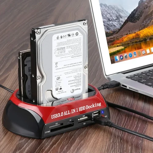 Imagen 2 del producto Estación de disco duro de doble bahía 10 en 1, estación de acoplamiento SATA IDE HDD con adaptador de corriente de 12V para tarjeta HDD/SSD TF de 2,5/3,5 pulgadas