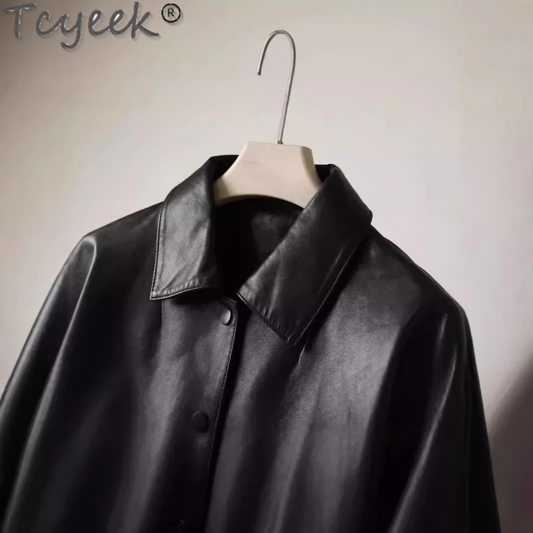 Tcyeek, chaqueta de cuero auténtico para mujer, abrigo de piel de oveja para primavera y otoño, abrigo de cuero negro, chaquetas de motocicleta para mujer 2024, chaqueta de cuero