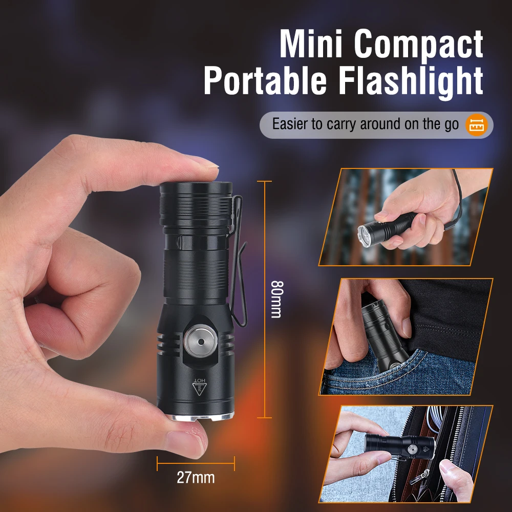 BORUiT Super Bright LED EDC Flashlight 2050LM Type-c Rechargeable Torch Tail Magnet IP67 Waterproof Emergency Camping Lantern