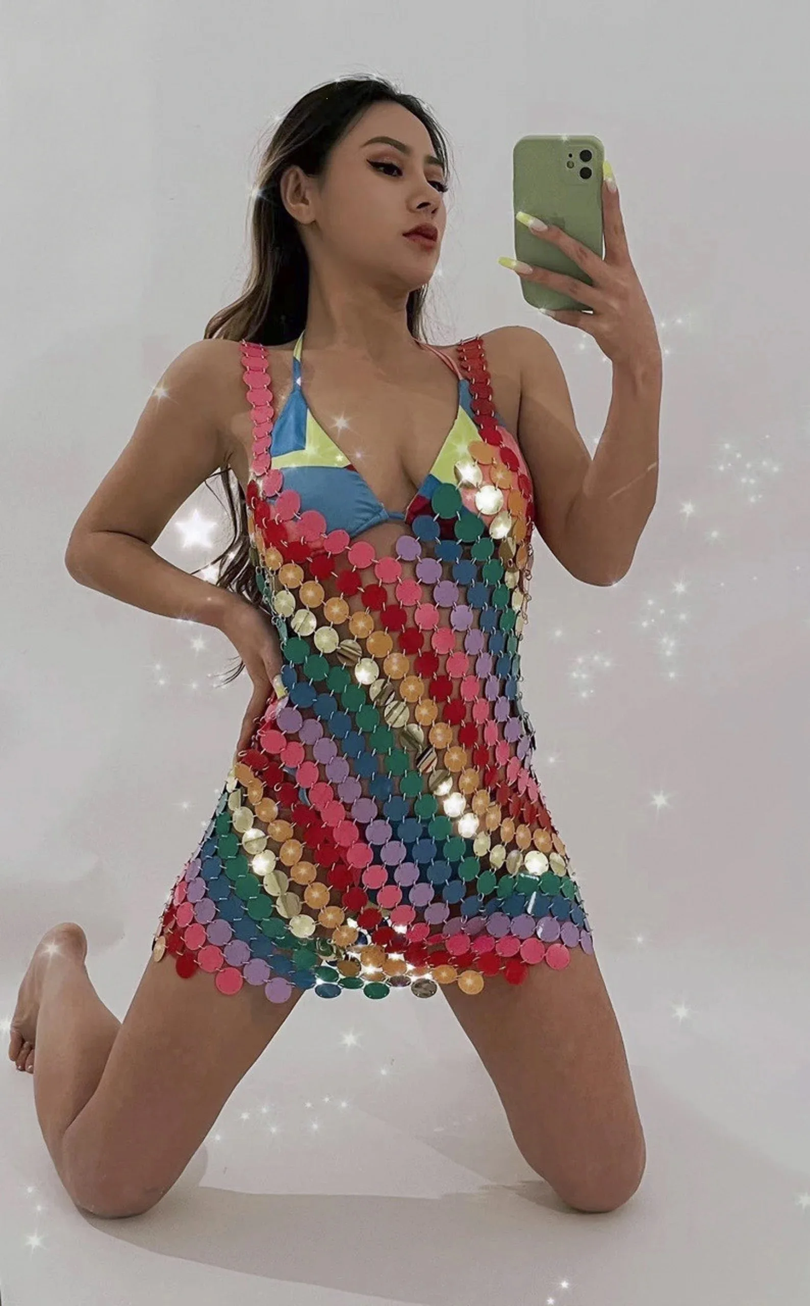 

Handmade Rainbow Squamous Glitter Sequins Patchwork Strappy Nightclub Party Skirt Sexy Hollow Mini Dress Nightclub Party Dresses