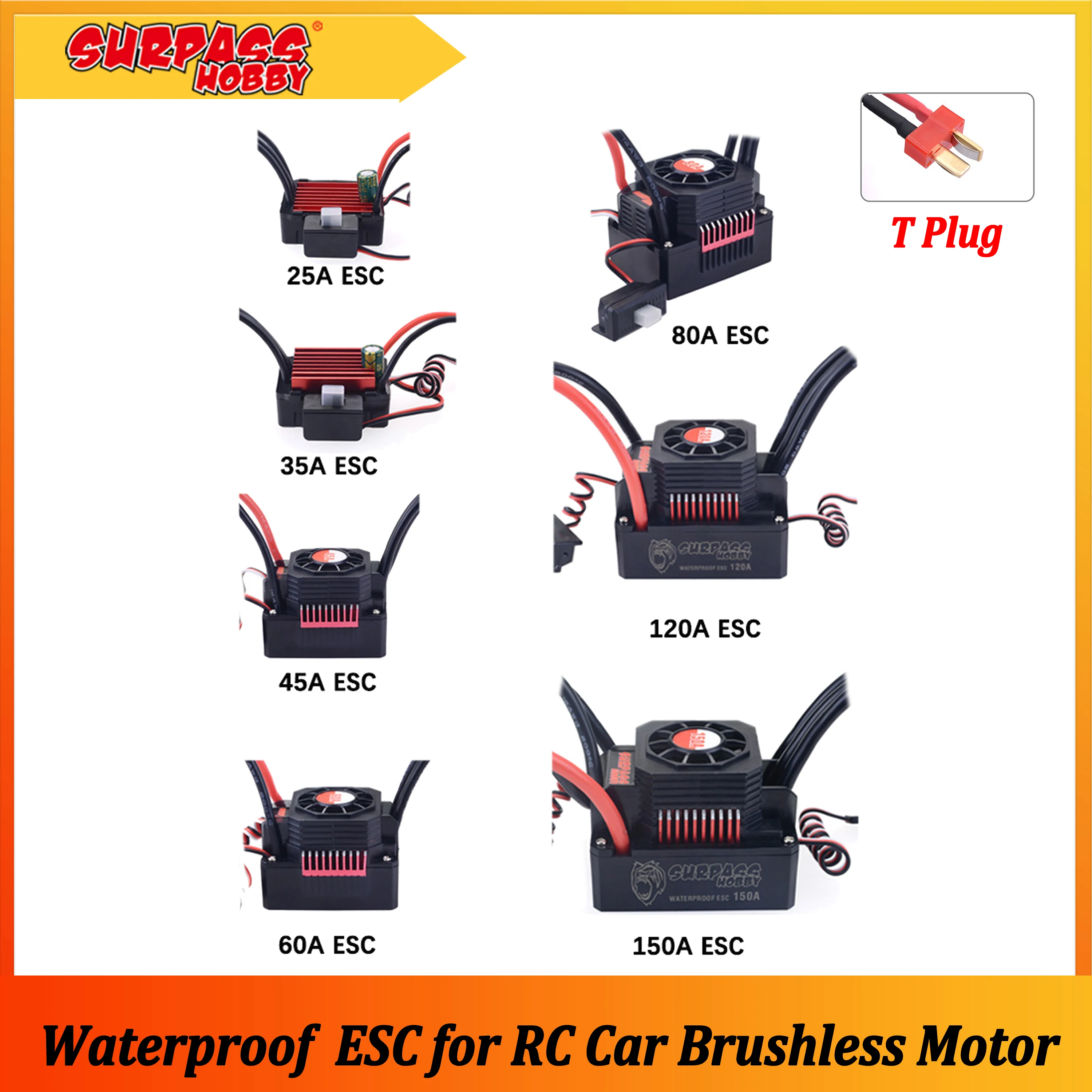 SURPASS HOBBY KK 25A/35A/45A/60A/80A/120A/150A Waterproof Brushless ESC T Plug for 1/8 1/10 1/12 1/14 1/16 1/20 RC Car Motor