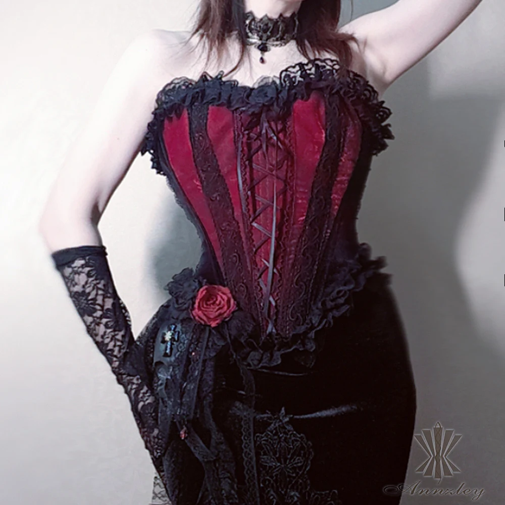 Black Lace Gothic Corset Annzley Gothic Queen Korsett Overbust Burlesque Dress Outfit For Party