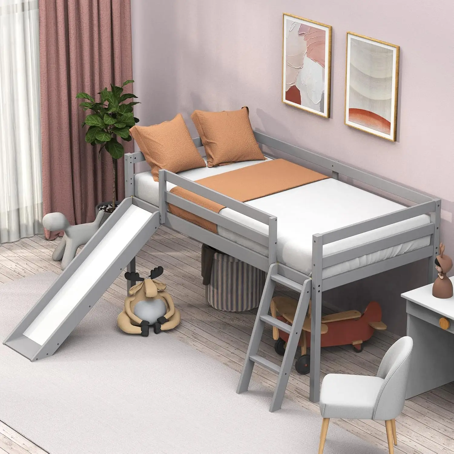 Wooden Twin Low Loft Bed With Slide and Climbing Ladder Grey Finish For Toddler Kids Space-Saving Bedroom Furniture