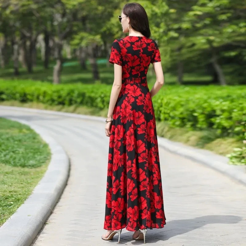 4XL Red Elegant Long Dress Women's Summer 2023 New O-Neck Big Swing Chiffon Dresses Ladies Bohemia Slim Holiday Party Vestidos