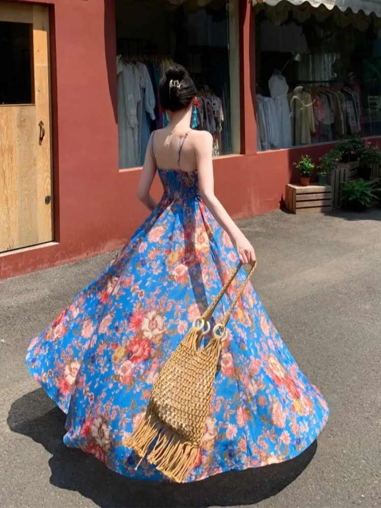 レトロな青い花柄プリントのテル・ド・ビーチ・ヴァイオン美しいユニークなルーズロングスカート夏の綿ポリエステル