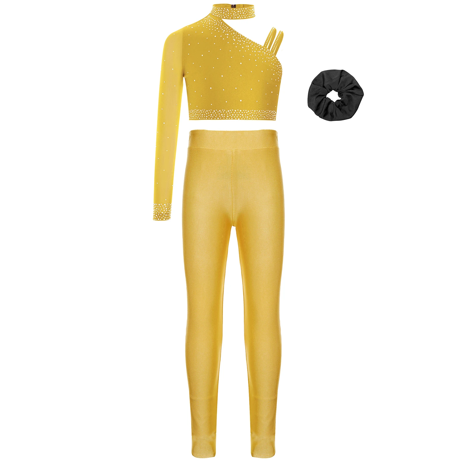 

Figure Skating Ballet Dance Gymnastics Outfit for Girls Kids Performance Costume Rhinestones Crop Top with Hairband Leggings Set