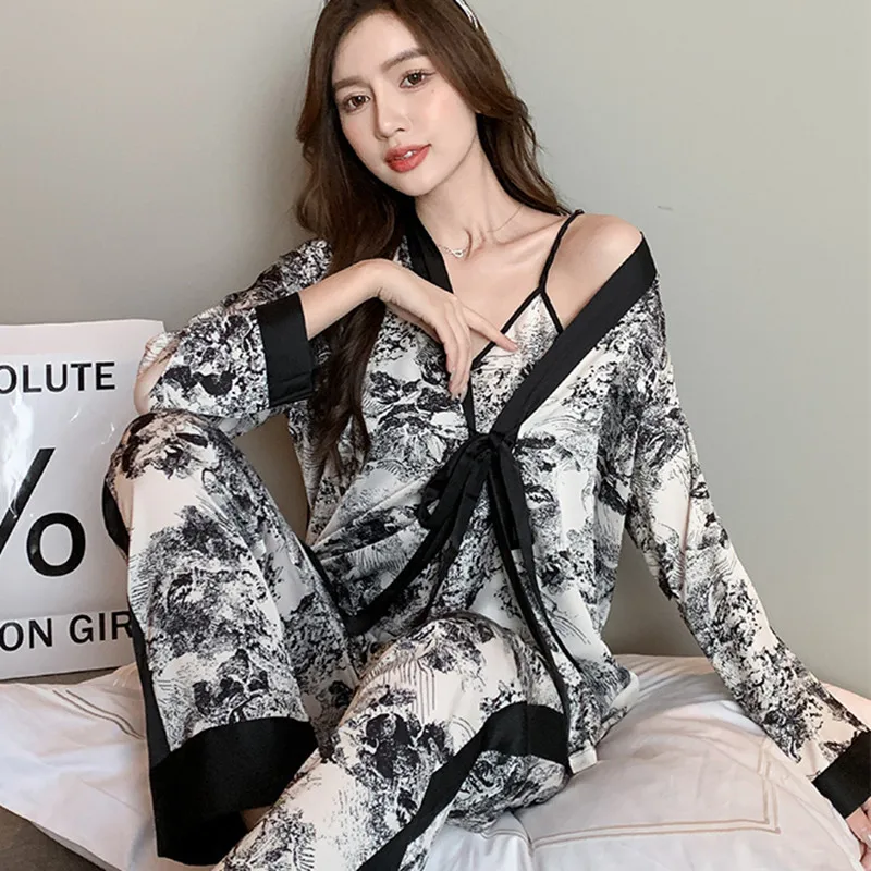 Three-Piece Pajamas Spring Summer Ice Silk Ink Painting Senior Sense Pajamas Suspenders Long Pants Comfortable Printing Homewear