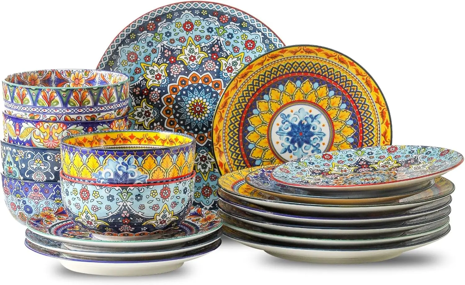 

18-Piece Dinnerware Set for 6, Ceramic Plates & Bowls, Oven & Microwave Safe, Scratch Resistant, Bohemian Style